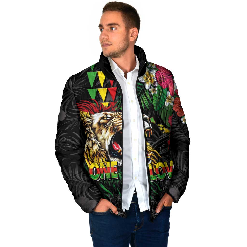 Hawaiian One Love Padded Jacket Reggae Lion Tropical Plants and Kakau with Tribal Pattern
