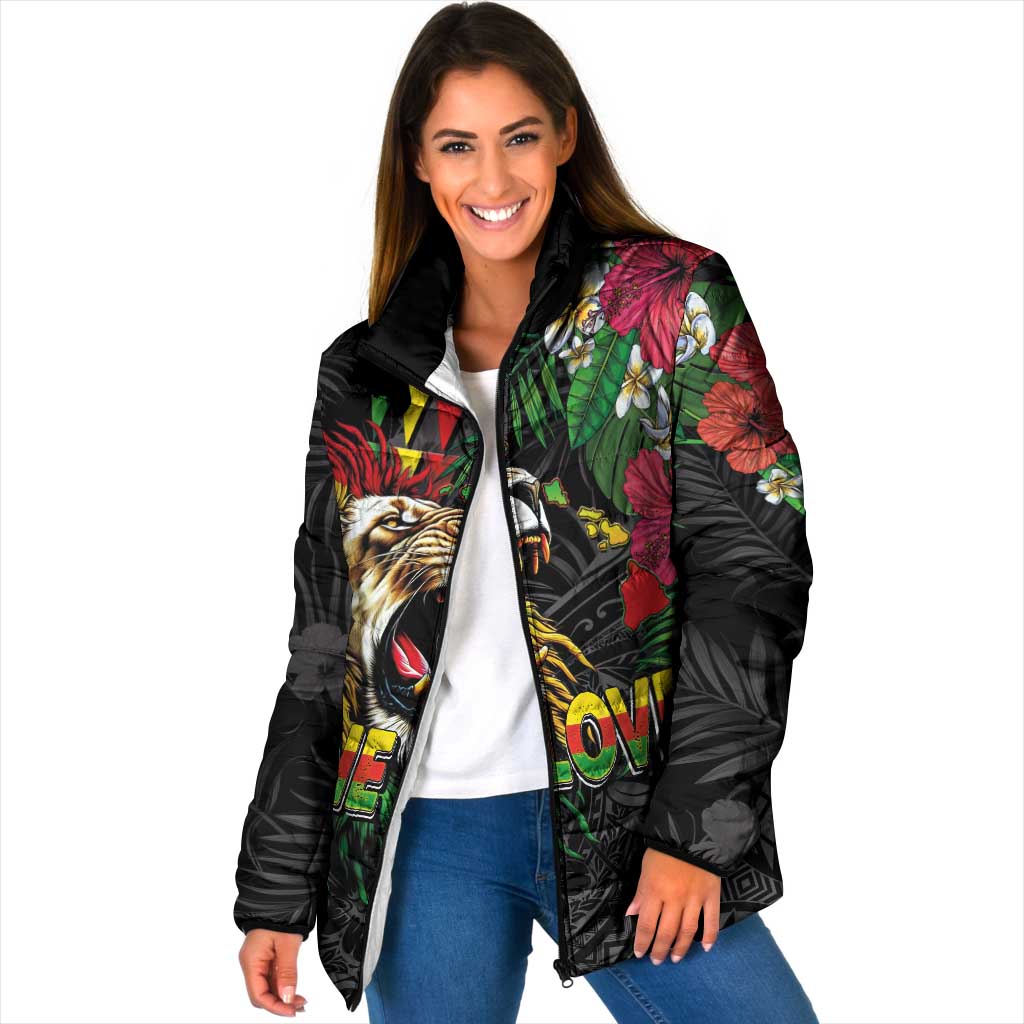 Hawaiian One Love Padded Jacket Reggae Lion Tropical Plants and Kakau with Tribal Pattern
