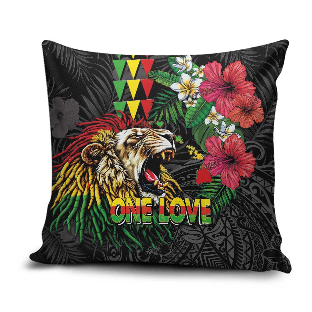 Hawaiian One Love Pillow Cover Reggae Lion Tropical Plants and Kakau with Tribal Pattern LT03 Black - Polynesian Pride