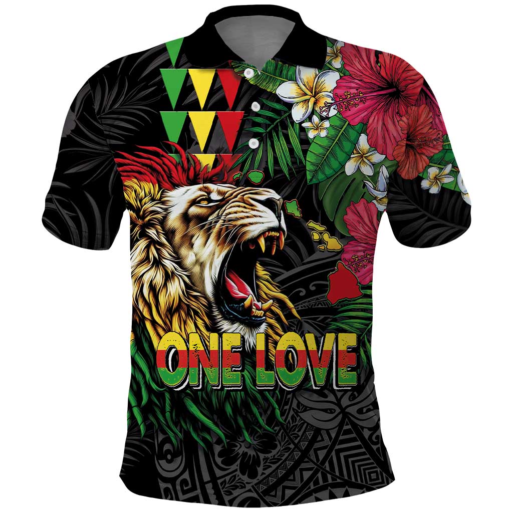 Hawaiian One Love Polo Shirt Reggae Lion Tropical Plants and Kakau with Tribal Pattern LT03 Black - Polynesian Pride