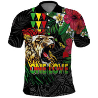 Hawaiian One Love Polo Shirt Reggae Lion Tropical Plants and Kakau with Tribal Pattern LT03 Black - Polynesian Pride