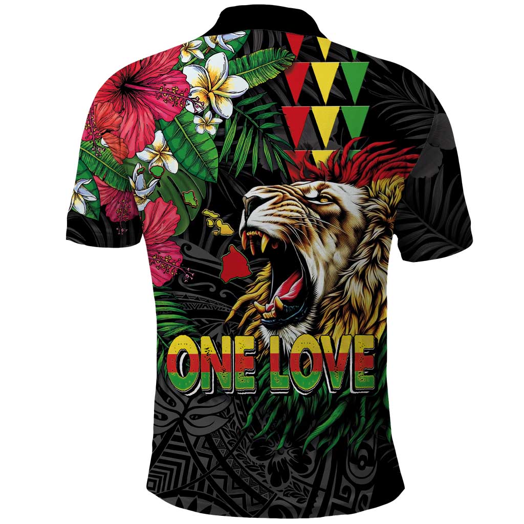 Hawaiian One Love Polo Shirt Reggae Lion Tropical Plants and Kakau with Tribal Pattern LT03 - Polynesian Pride
