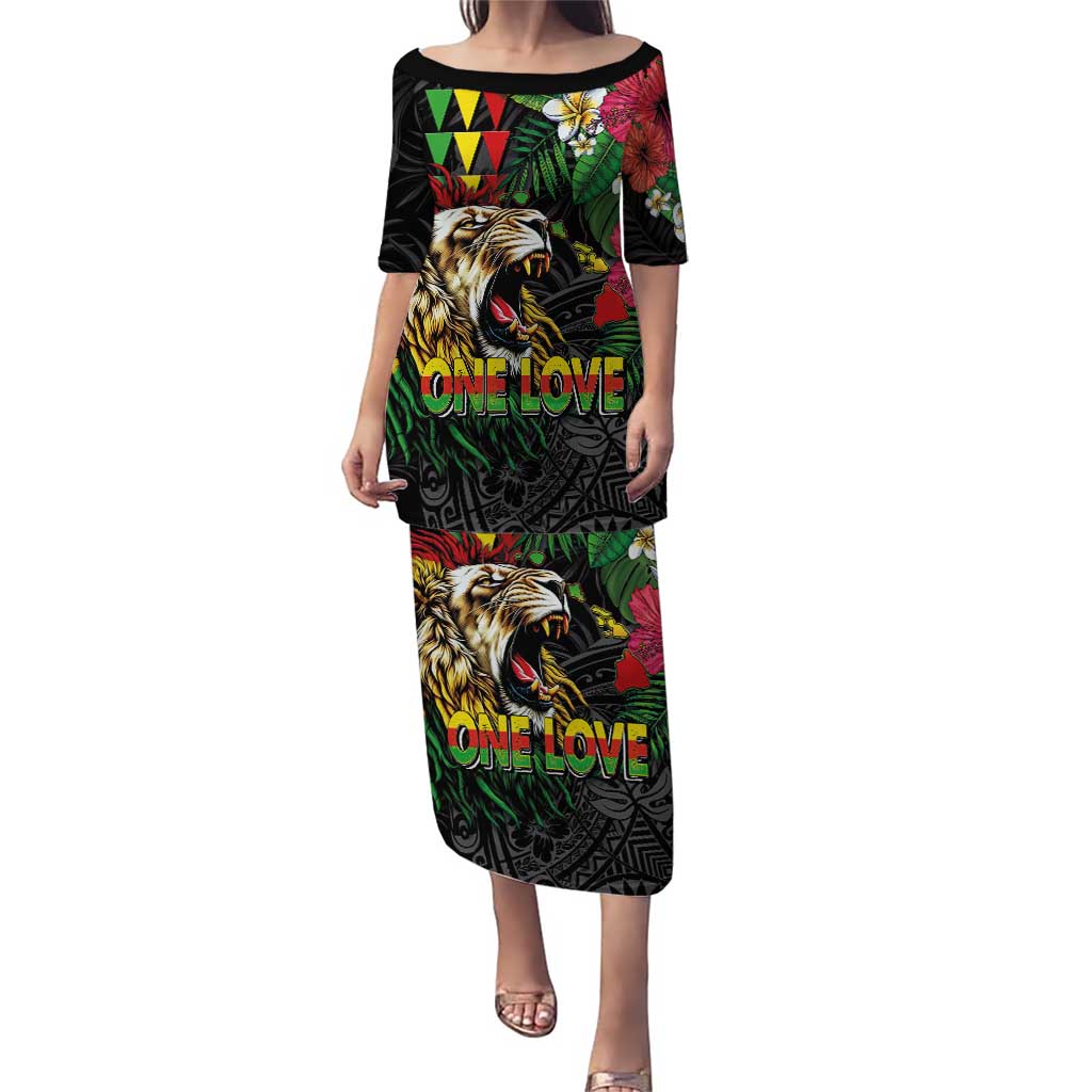 Hawaiian One Love Puletasi Reggae Lion Tropical Plants and Kakau with Tribal Pattern LT03 Long Dress Black - Polynesian Pride