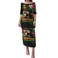 Hawaiian One Love Puletasi Reggae Lion Tropical Plants and Kakau with Tribal Pattern LT03 Long Dress Black - Polynesian Pride