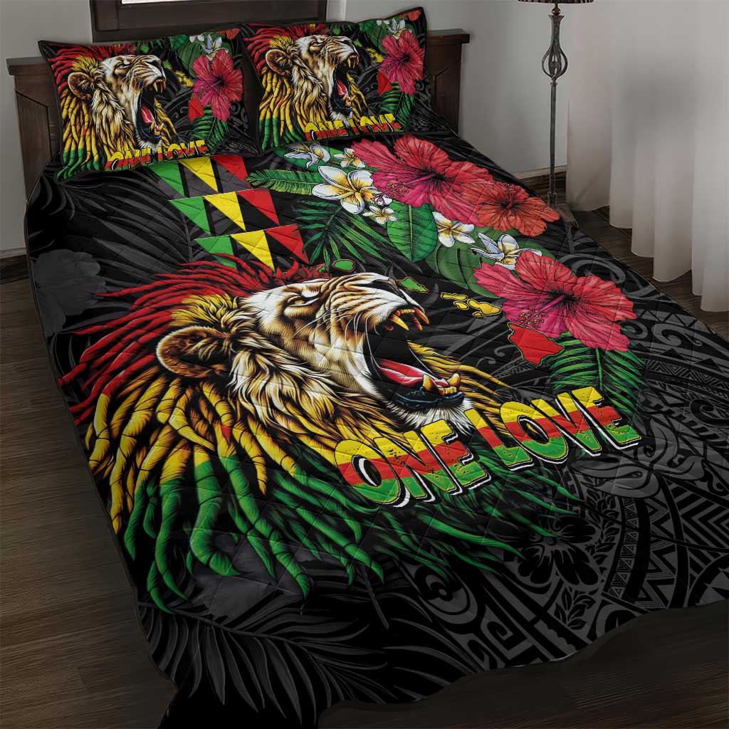 Hawaiian One Love Quilt Bed Set Reggae Lion Tropical Plants and Kakau with Tribal Pattern LT03 Black - Polynesian Pride
