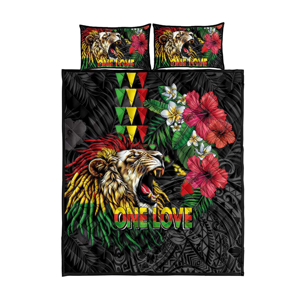 Hawaiian One Love Quilt Bed Set Reggae Lion Tropical Plants and Kakau with Tribal Pattern LT03 - Polynesian Pride