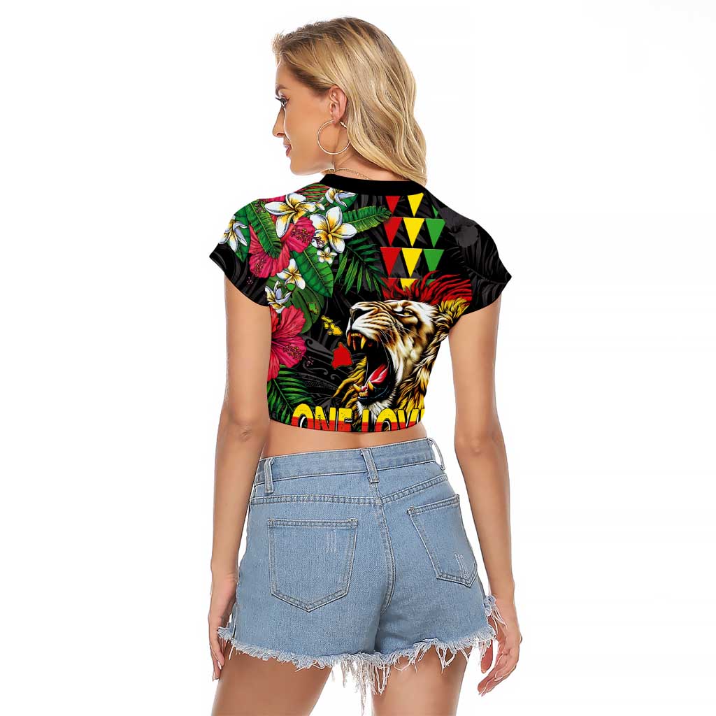 Hawaiian One Love Raglan Cropped T Shirt Reggae Lion Tropical Plants and Kakau with Tribal Pattern