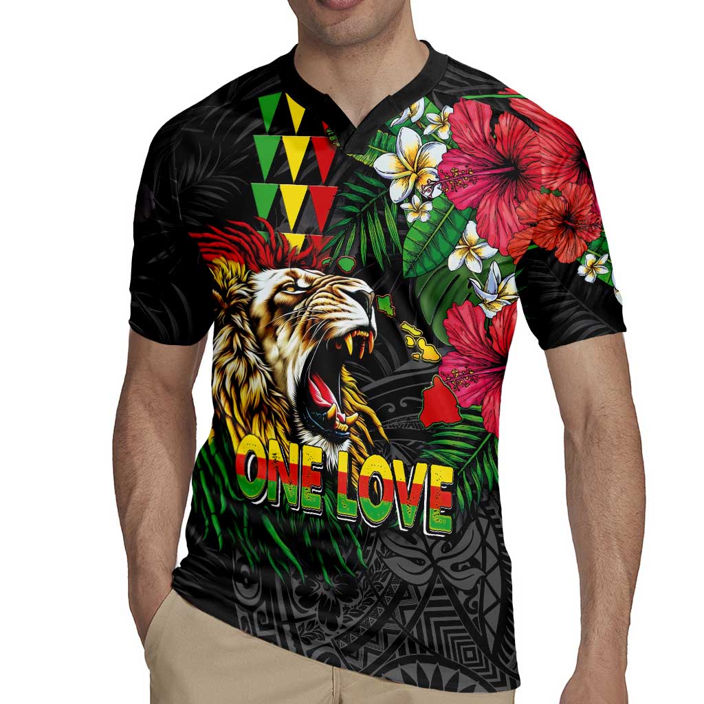 Hawaiian One Love Rugby Jersey Reggae Lion Tropical Plants and Kakau with Tribal Pattern LT03 - Polynesian Pride