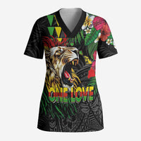 Hawaiian One Love Scrub Top Reggae Lion Tropical Plants and Kakau with Tribal Pattern LT03 Adult Black - Polynesian Pride