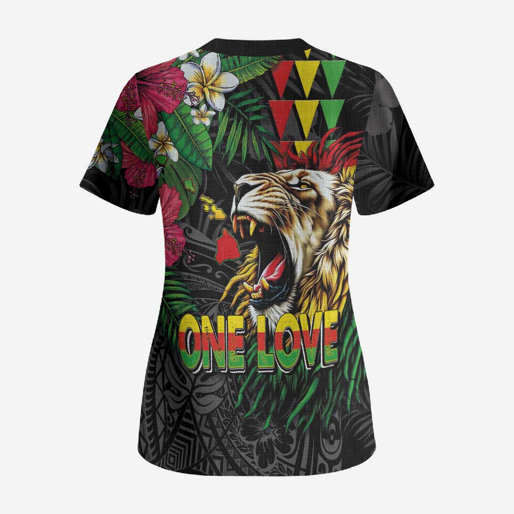 Hawaiian One Love Scrub Top Reggae Lion Tropical Plants and Kakau with Tribal Pattern LT03 - Polynesian Pride