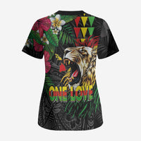 Hawaiian One Love Scrub Top Reggae Lion Tropical Plants and Kakau with Tribal Pattern LT03 - Polynesian Pride