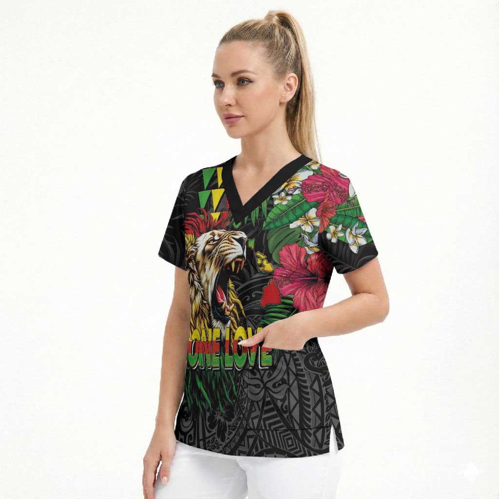 Hawaiian One Love Scrub Top Reggae Lion Tropical Plants and Kakau with Tribal Pattern LT03 - Polynesian Pride