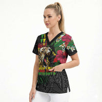 Hawaiian One Love Scrub Top Reggae Lion Tropical Plants and Kakau with Tribal Pattern LT03 - Polynesian Pride