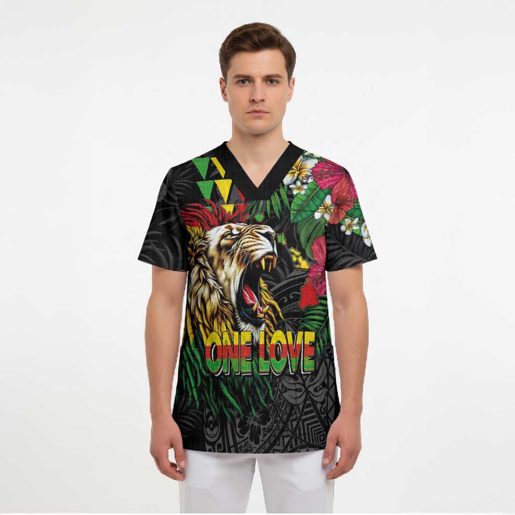 Hawaiian One Love Scrub Top Reggae Lion Tropical Plants and Kakau with Tribal Pattern LT03 - Polynesian Pride