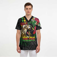 Hawaiian One Love Scrub Top Reggae Lion Tropical Plants and Kakau with Tribal Pattern LT03 - Polynesian Pride