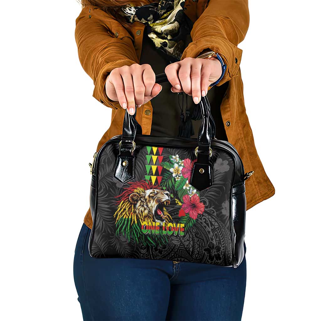 Hawaiian One Love Shoulder Handbag Reggae Lion Tropical Plants and Kakau with Tribal Pattern LT03 One Size Black - Polynesian Pride