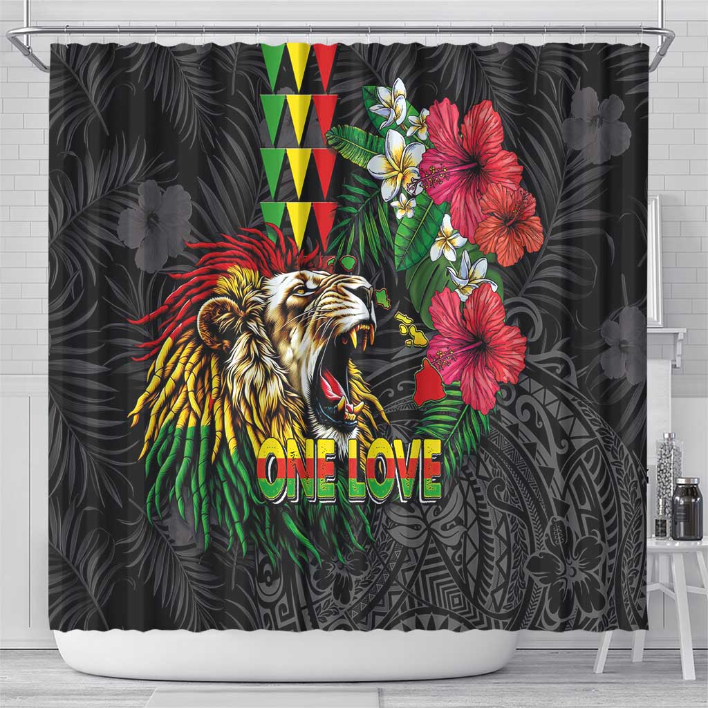 Hawaiian One Love Shower Curtain Reggae Lion Tropical Plants and Kakau with Tribal Pattern LT03 - Polynesian Pride