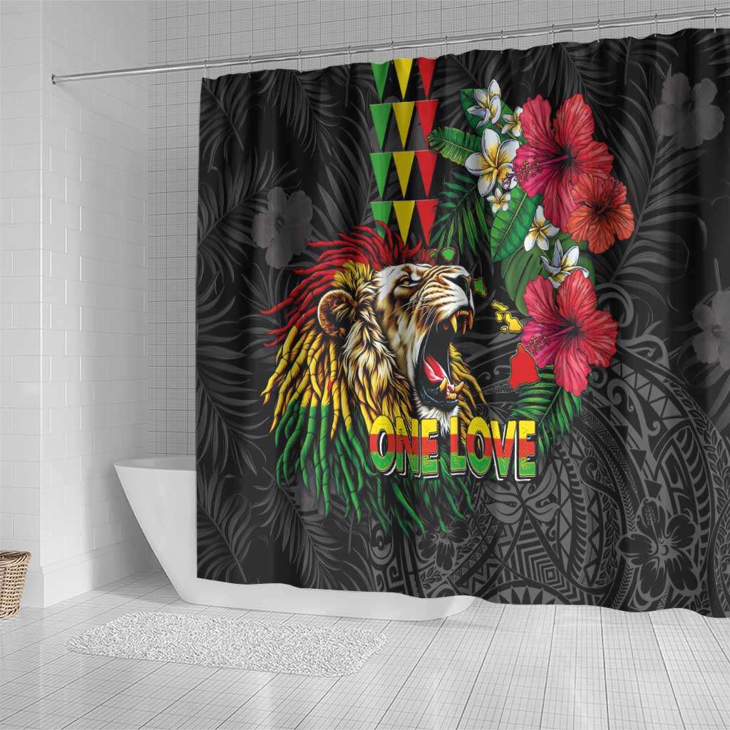 Hawaiian One Love Shower Curtain Reggae Lion Tropical Plants and Kakau with Tribal Pattern LT03 - Polynesian Pride