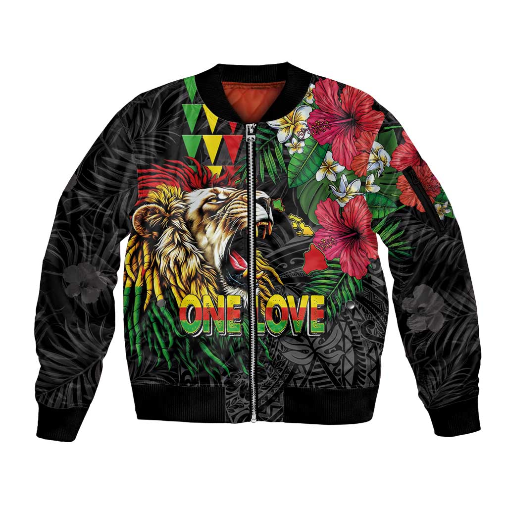 Hawaiian One Love Sleeve Zip Bomber Jacket Reggae Lion Tropical Plants and Kakau with Tribal Pattern LT03 Unisex Black - Polynesian Pride