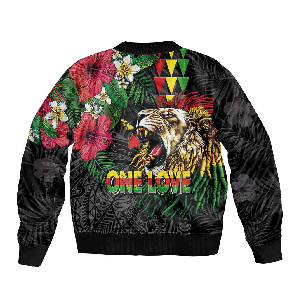 Hawaiian One Love Sleeve Zip Bomber Jacket Reggae Lion Tropical Plants and Kakau with Tribal Pattern LT03 - Polynesian Pride