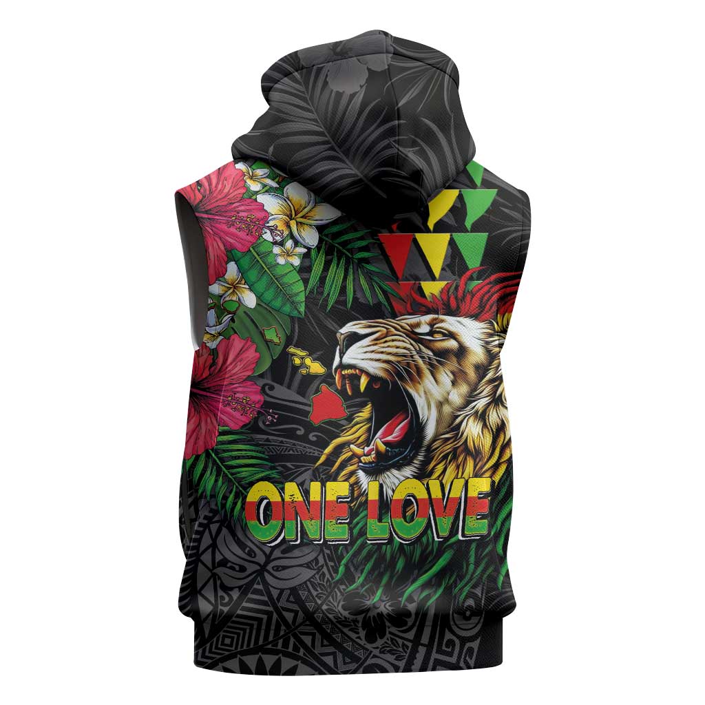 Hawaiian One Love Sleeveless Hoodie Reggae Lion Tropical Plants and Kakau with Tribal Pattern LT03 - Polynesian Pride