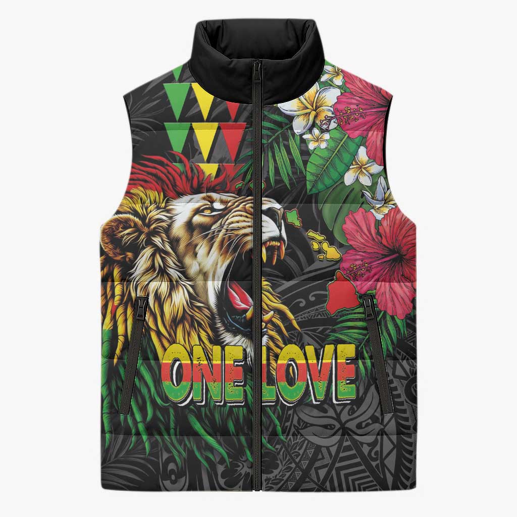 Hawaiian One Love Sleeveless Puffer Jacket Reggae Lion Tropical Plants and Kakau with Tribal Pattern LT03 Unisex Black - Polynesian Pride