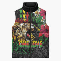 Hawaiian One Love Sleeveless Puffer Jacket Reggae Lion Tropical Plants and Kakau with Tribal Pattern LT03 Unisex Black - Polynesian Pride