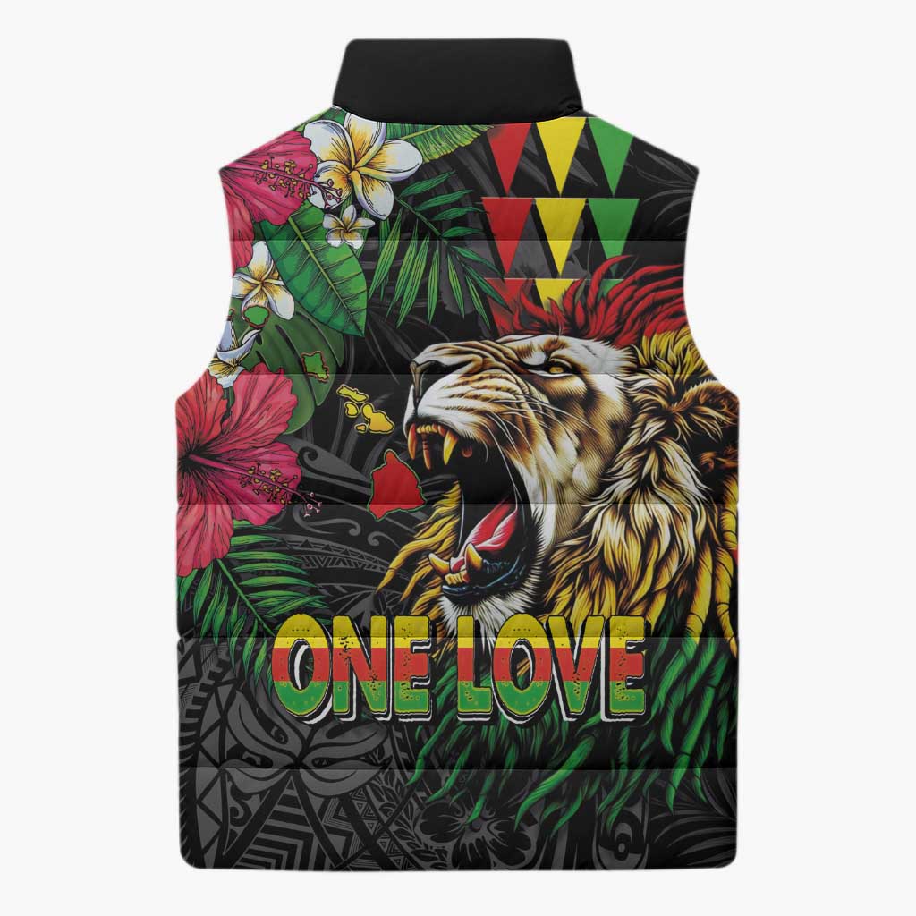 Hawaiian One Love Sleeveless Puffer Jacket Reggae Lion Tropical Plants and Kakau with Tribal Pattern LT03 - Polynesian Pride