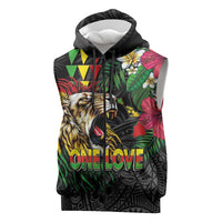 Hawaiian One Love Sleeveless Zip Hoodie Reggae Lion Tropical Plants and Kakau with Tribal Pattern LT03 Black - Polynesian Pride