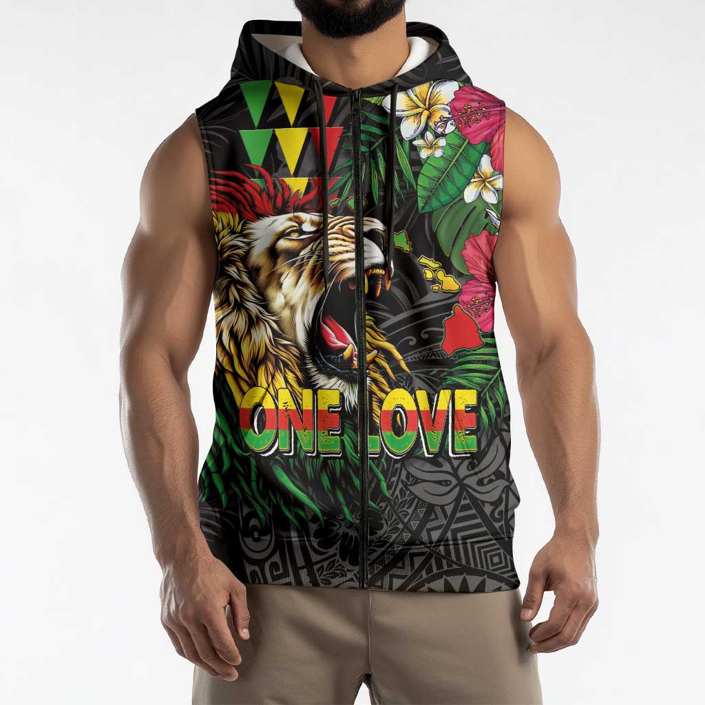 Hawaiian One Love Sleeveless Zip Hoodie Reggae Lion Tropical Plants and Kakau with Tribal Pattern LT03 - Polynesian Pride