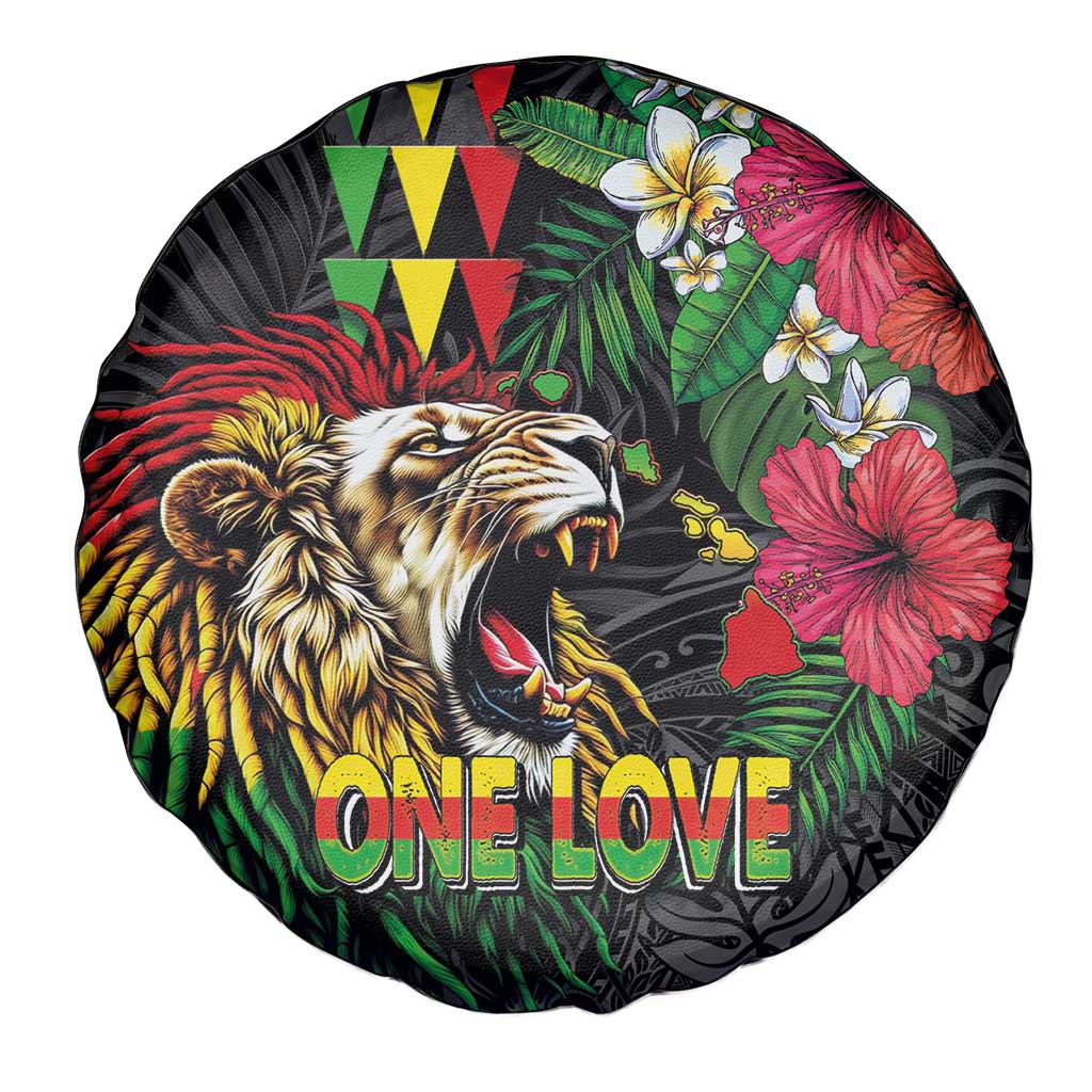Hawaiian One Love Spare Tire Cover Reggae Lion Tropical Plants and Kakau with Tribal Pattern