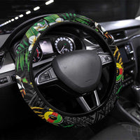 Hawaiian One Love Steering Wheel Cover Reggae Lion Tropical Plants and Kakau with Tribal Pattern LT03 Universal Fit Black - Polynesian Pride