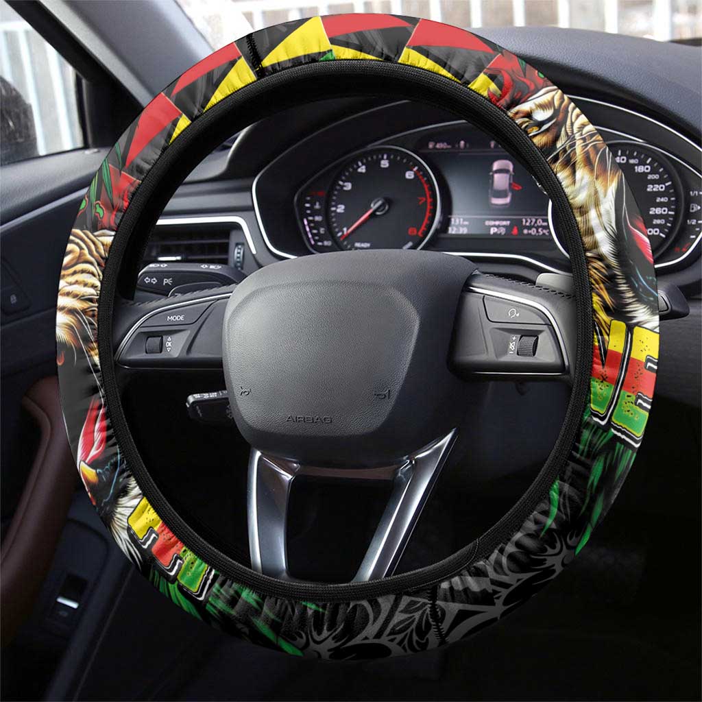 Hawaiian One Love Steering Wheel Cover Reggae Lion Tropical Plants and Kakau with Tribal Pattern LT03 - Polynesian Pride