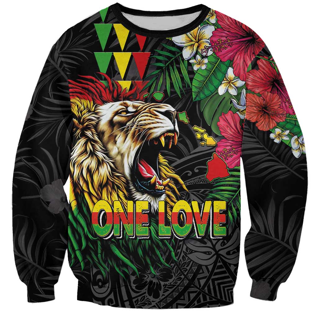 Hawaiian One Love Sweatshirt Reggae Lion Tropical Plants and Kakau with Tribal Pattern LT03 Unisex Black - Polynesian Pride