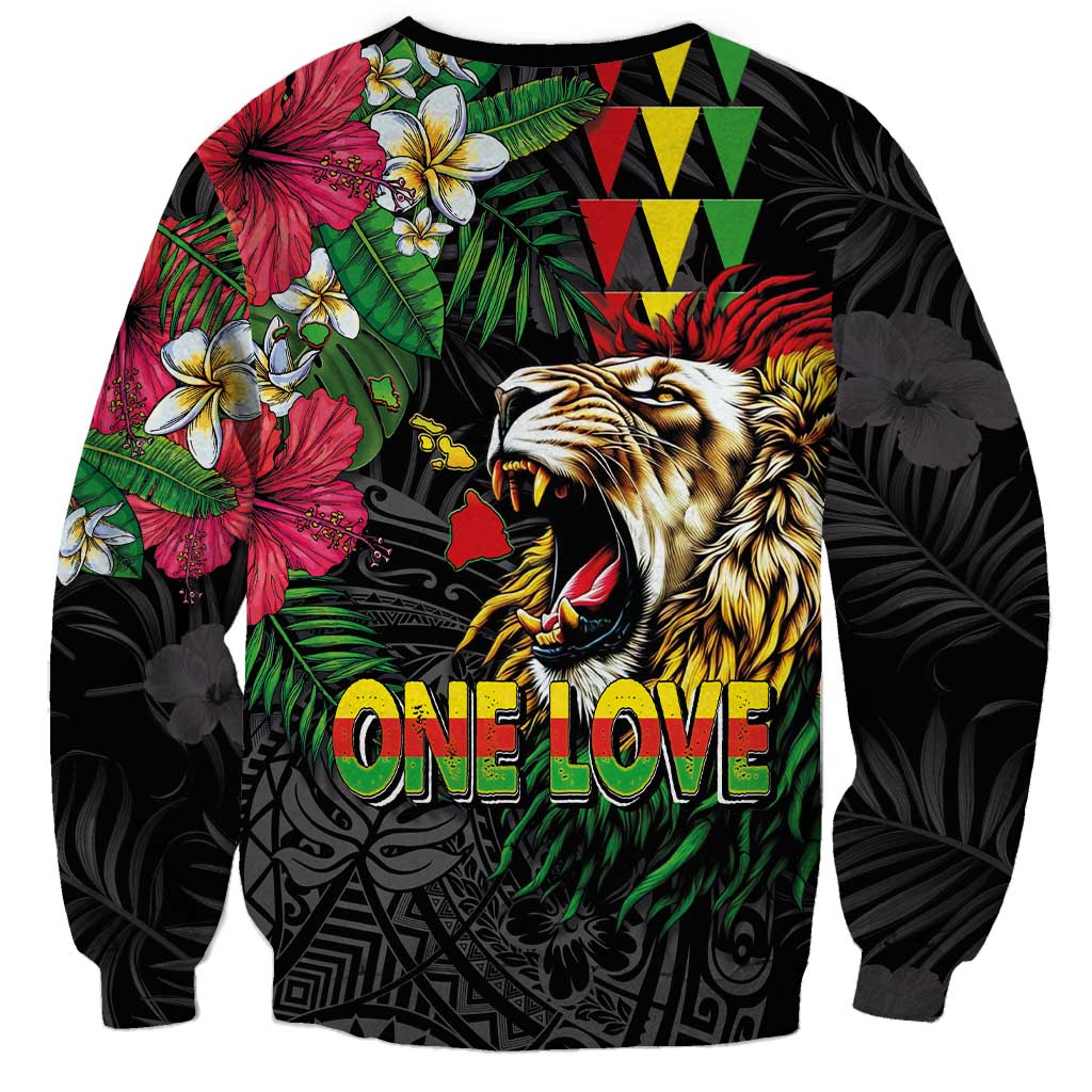 Hawaiian One Love Sweatshirt Reggae Lion Tropical Plants and Kakau with Tribal Pattern LT03 - Polynesian Pride