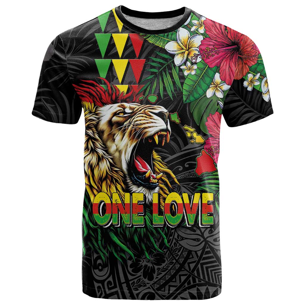 Hawaiian One Love T Shirt Reggae Lion Tropical Plants and Kakau with Tribal Pattern LT03 Black - Polynesian Pride