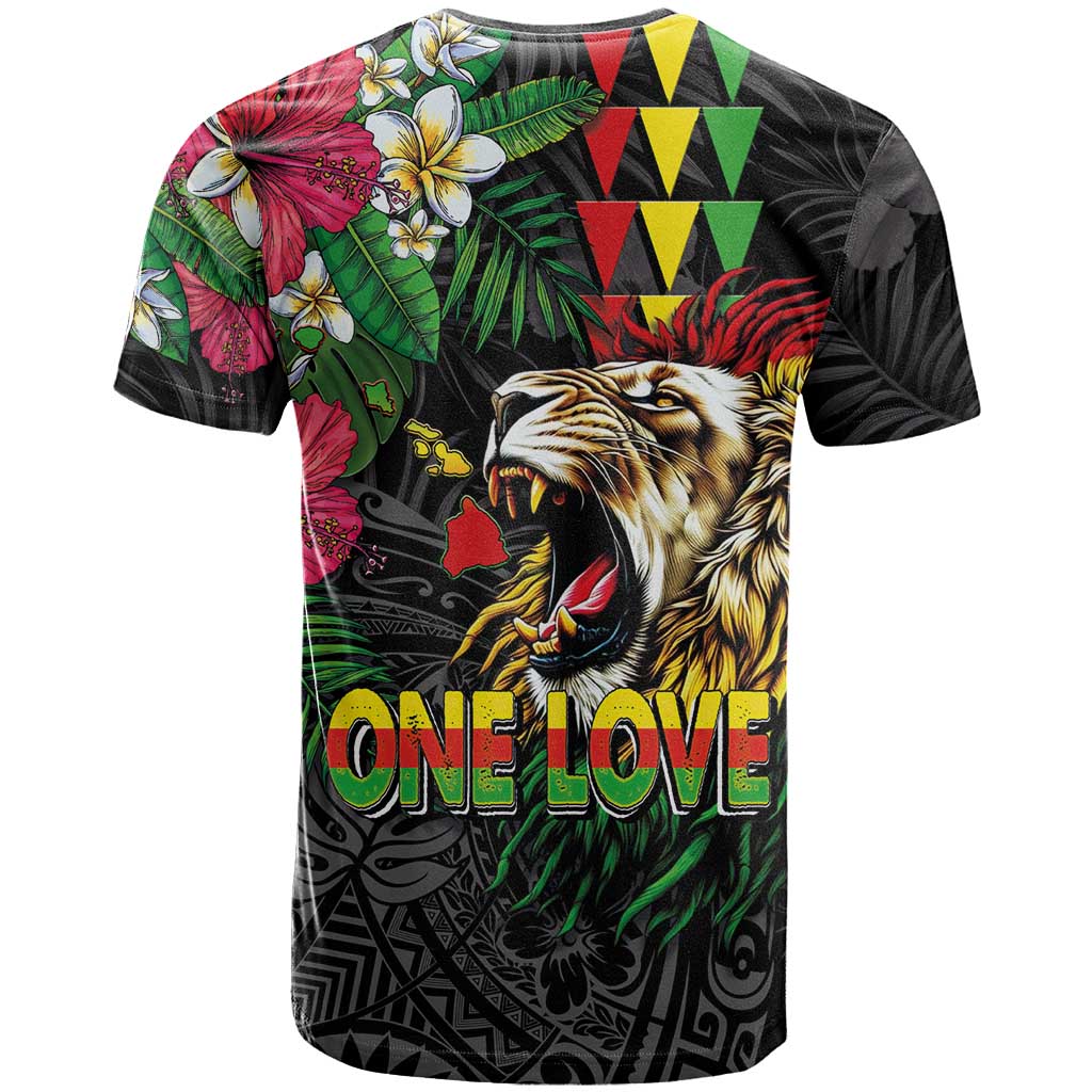 Hawaiian One Love T Shirt Reggae Lion Tropical Plants and Kakau with Tribal Pattern LT03 - Polynesian Pride
