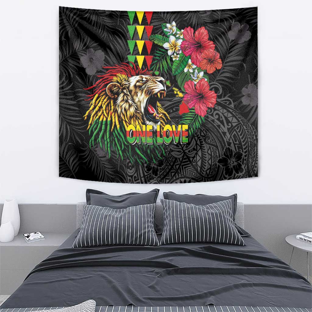 Hawaiian One Love Tapestry Reggae Lion Tropical Plants and Kakau with Tribal Pattern LT03 - Polynesian Pride