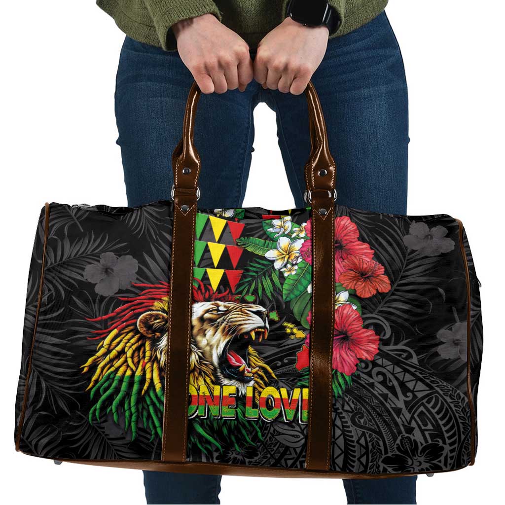 Hawaiian One Love Travel Bag Reggae Lion Tropical Plants and Kakau with Tribal Pattern LT03 Black - Polynesian Pride