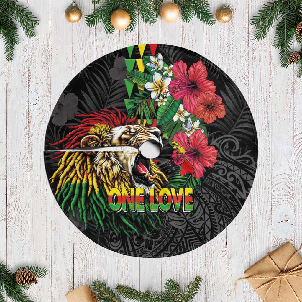 Hawaiian One Love Tree Skirt Reggae Lion Tropical Plants and Kakau with Tribal Pattern LT03 Casual Black - Polynesian Pride