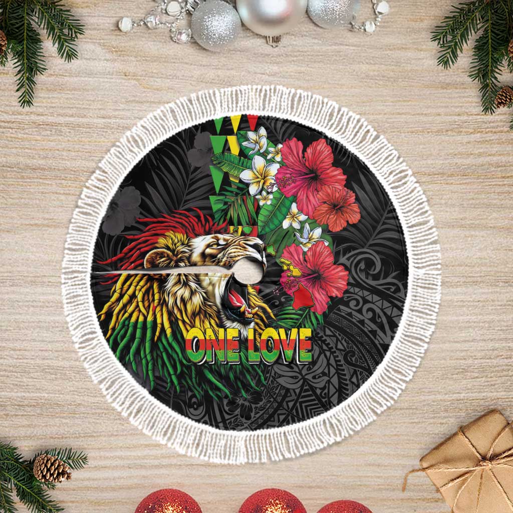 Hawaiian One Love Tree Skirt Reggae Lion Tropical Plants and Kakau with Tribal Pattern LT03 Fringed Black - Polynesian Pride