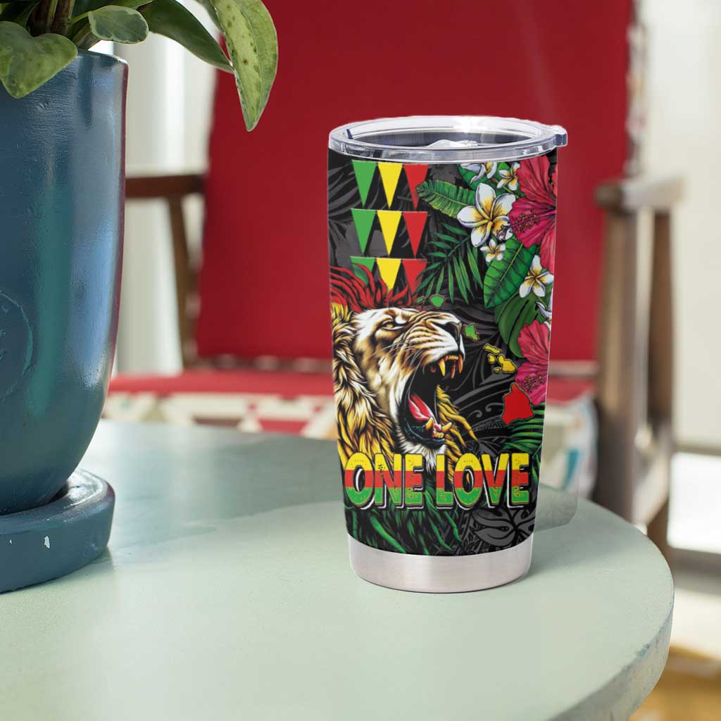 Hawaiian One Love Tumbler Cup Reggae Lion Tropical Plants and Kakau with Tribal Pattern LT03 - Polynesian Pride