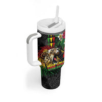 Hawaiian One Love Tumbler With Handle Reggae Lion Tropical Plants and Kakau with Tribal Pattern