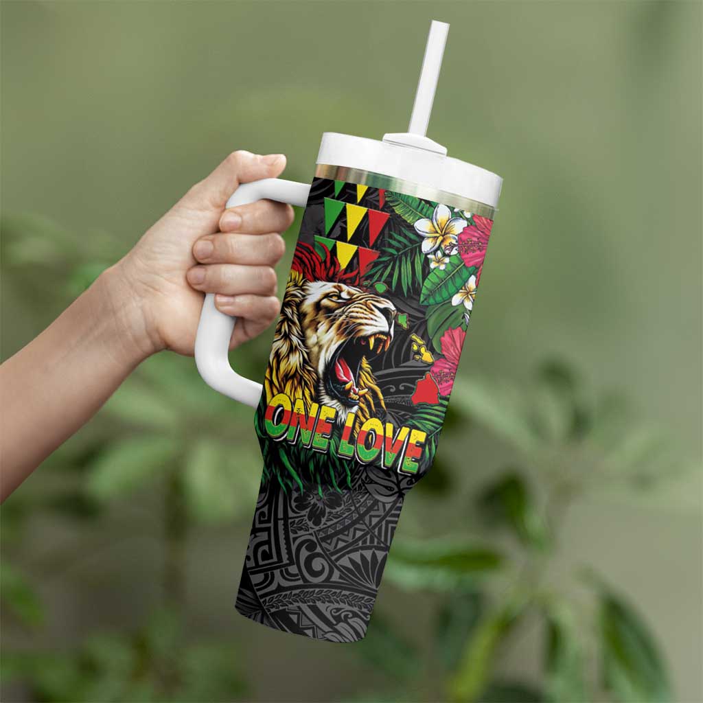 Hawaiian One Love Tumbler With Handle Reggae Lion Tropical Plants and Kakau with Tribal Pattern
