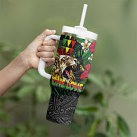 Hawaiian One Love Tumbler With Handle Reggae Lion Tropical Plants and Kakau with Tribal Pattern