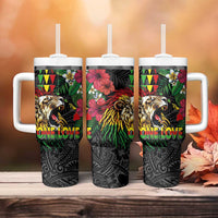 Hawaiian One Love Tumbler With Handle Reggae Lion Tropical Plants and Kakau with Tribal Pattern