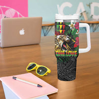 Hawaiian One Love Tumbler With Handle Reggae Lion Tropical Plants and Kakau with Tribal Pattern