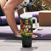 Hawaiian One Love Tumbler With Handle Reggae Lion Tropical Plants and Kakau with Tribal Pattern