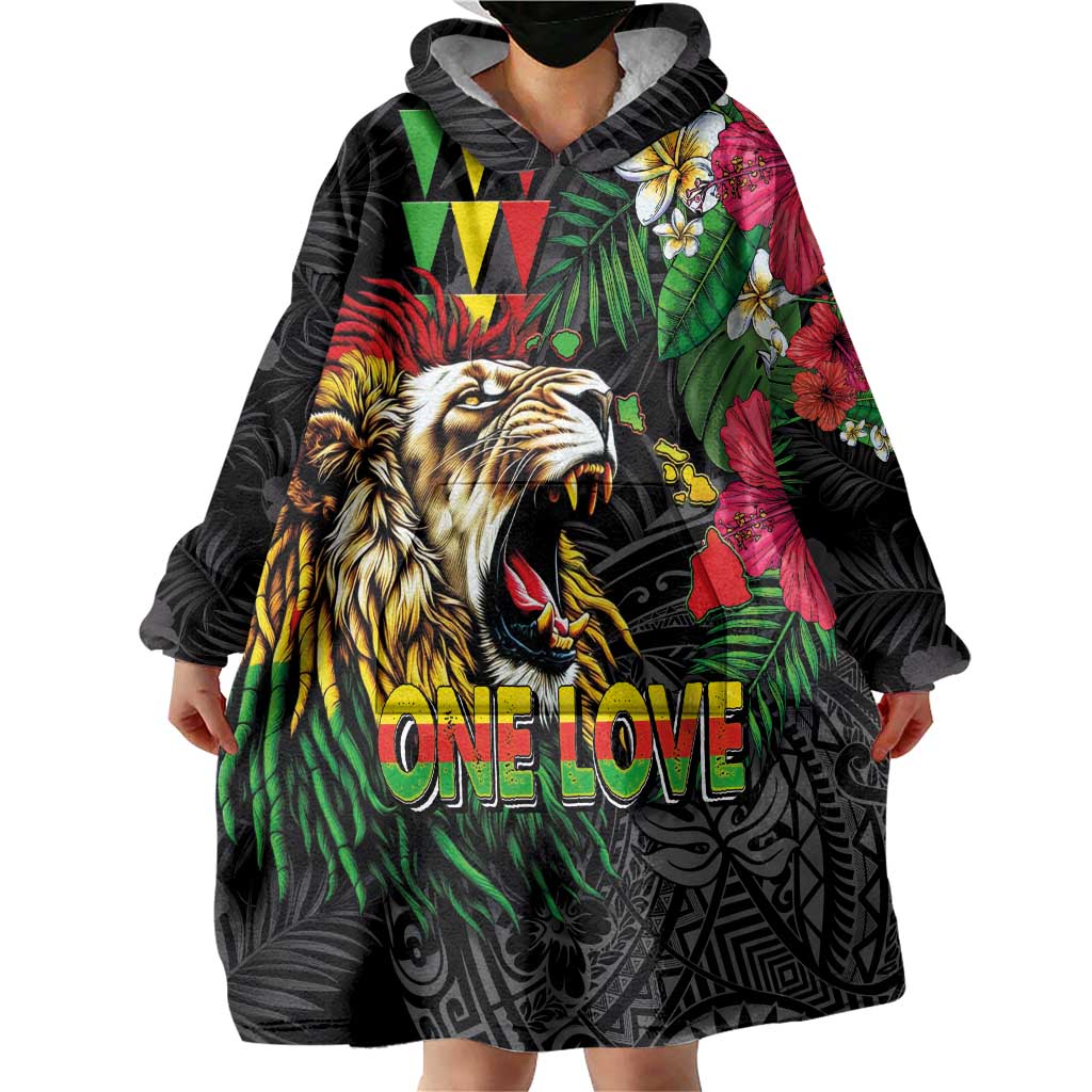 Hawaiian One Love Wearable Blanket Hoodie Reggae Lion Tropical Plants and Kakau with Tribal Pattern LT03 - Polynesian Pride