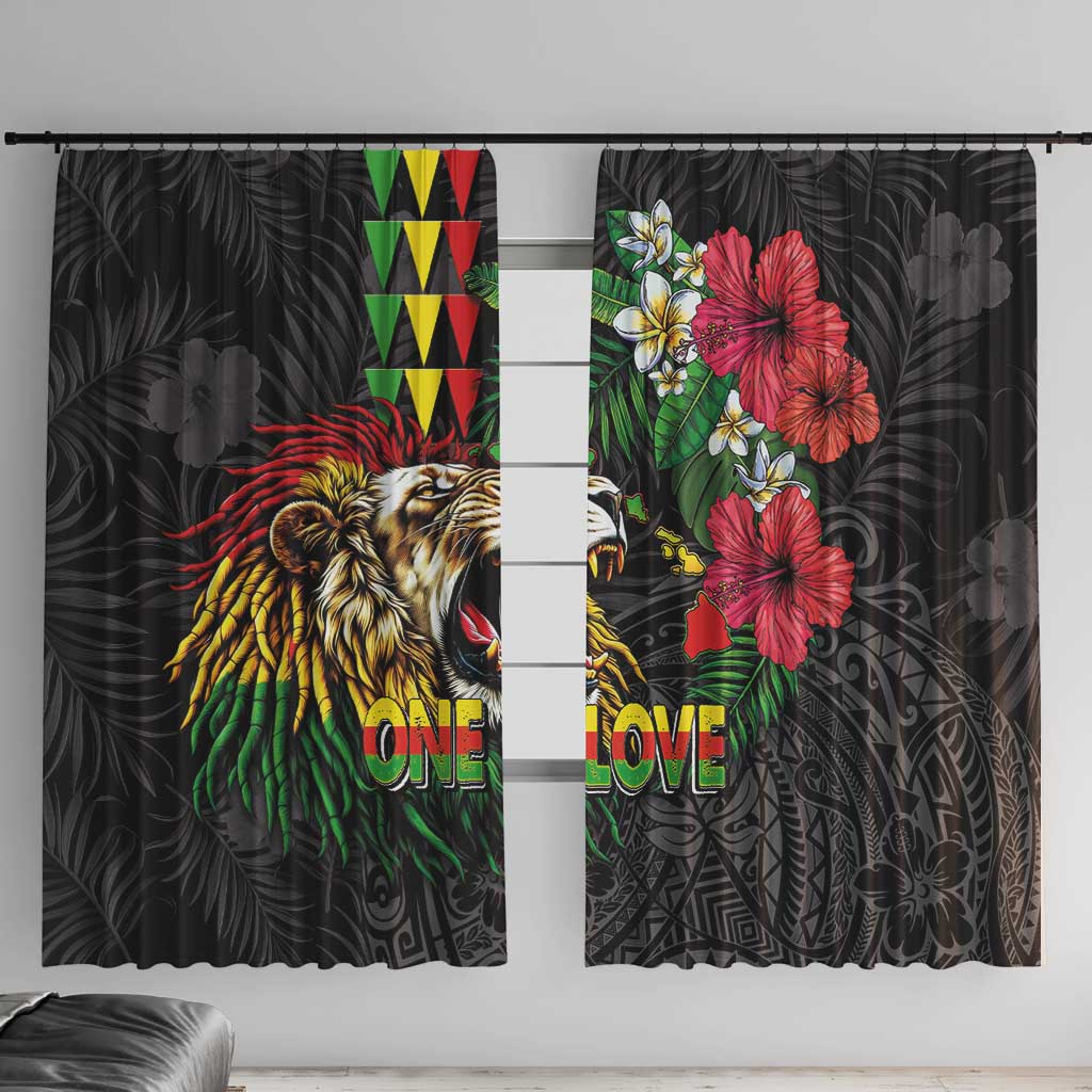 Hawaiian One Love Window Curtain Reggae Lion Tropical Plants and Kakau with Tribal Pattern LT03 With Hooks Black - Polynesian Pride